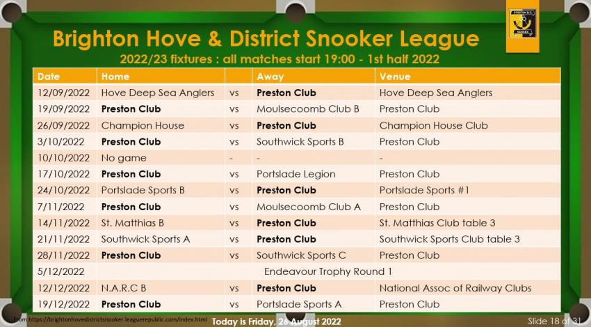 Snooker League Fixtures Image